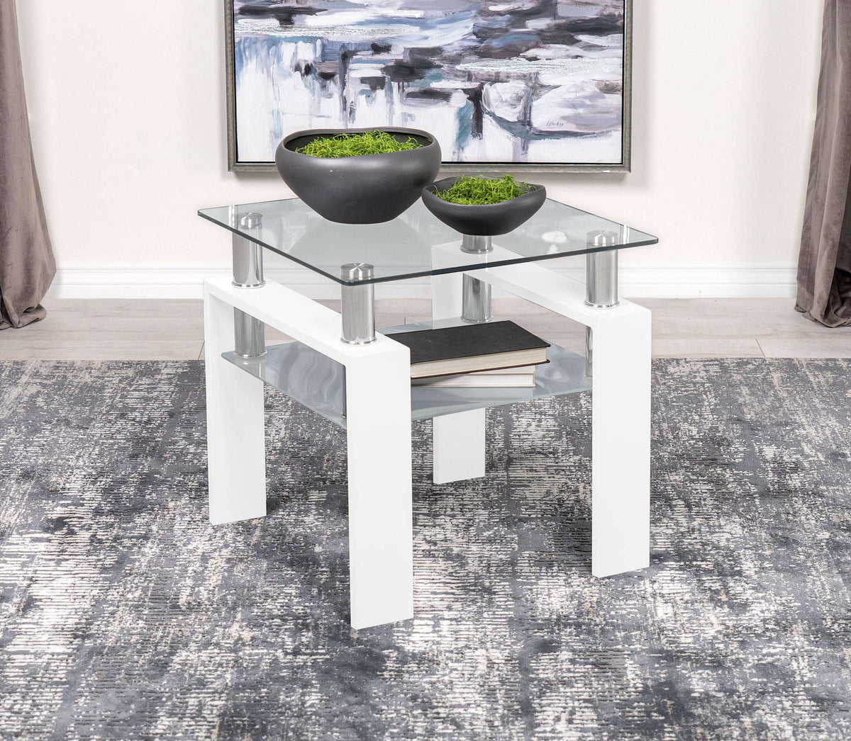 Dyer Square Glass Top End Table With Shelf White - Half Price Furniture
