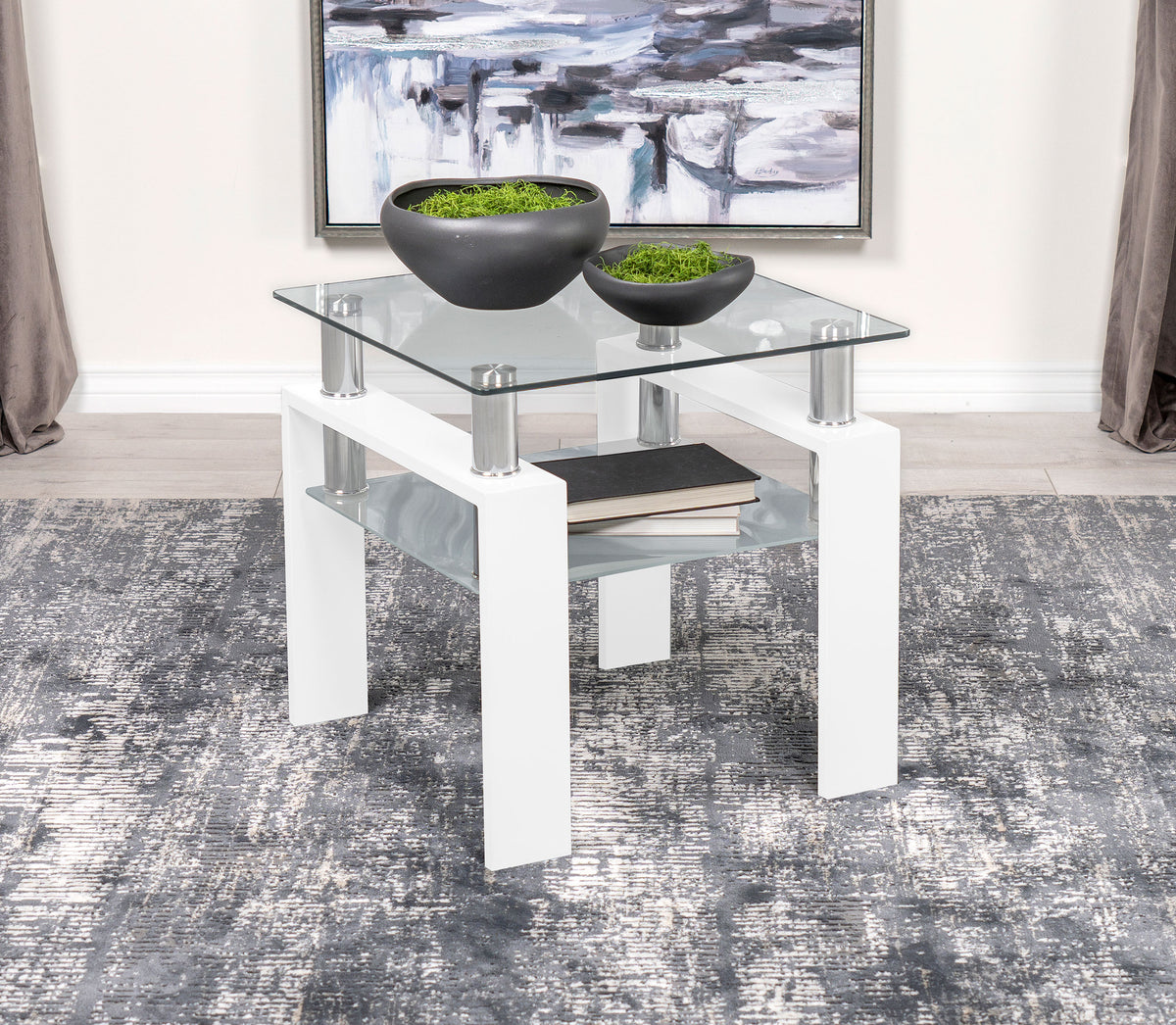 Dyer Square Glass Top End Table With Shelf White  Las Vegas Furniture Stores