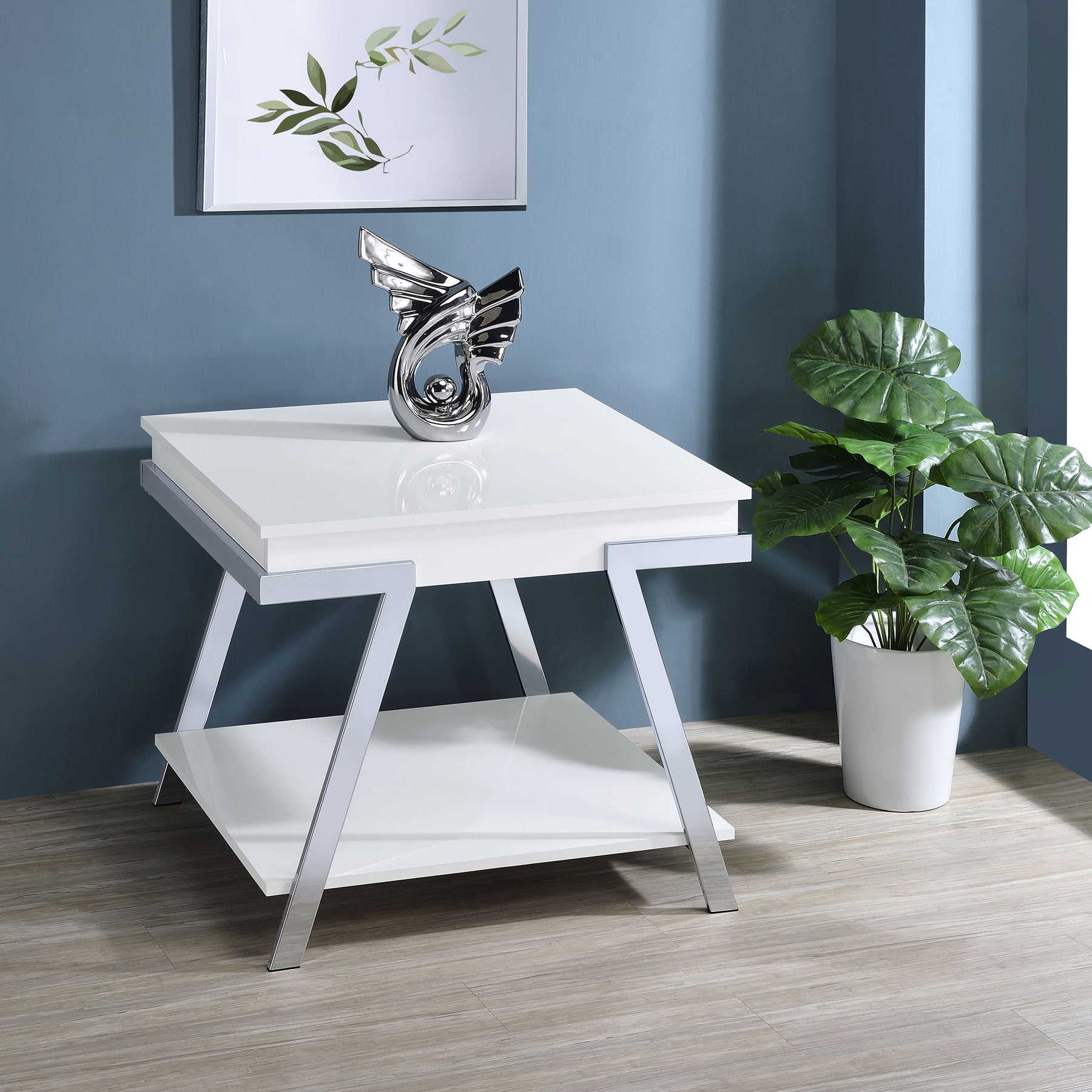 Marcia Wood Rectangular End Table White High Gloss and Chrome Half Price Furniture