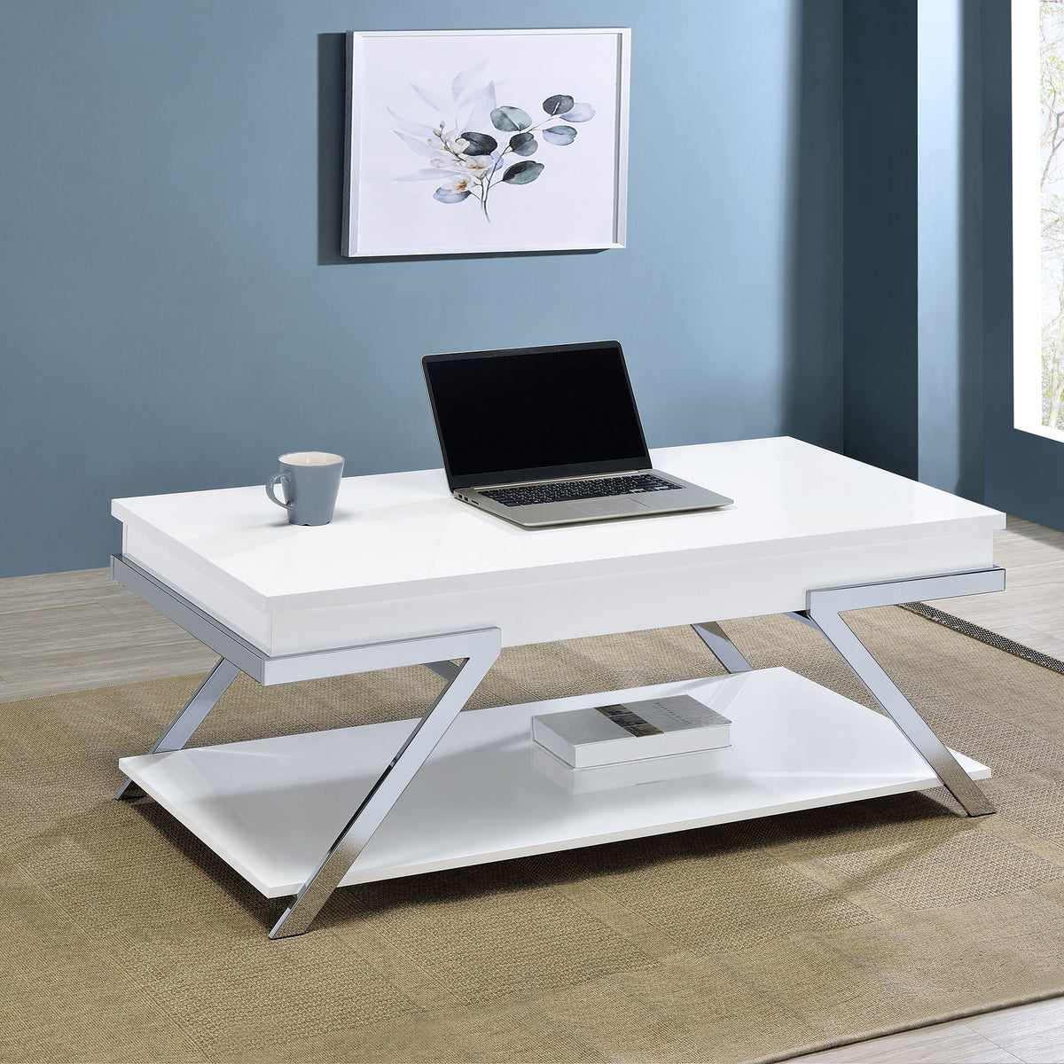 Marcia Wood Rectangular Lift Top Coffee Table White High Gloss and Chrome  Las Vegas Furniture Stores