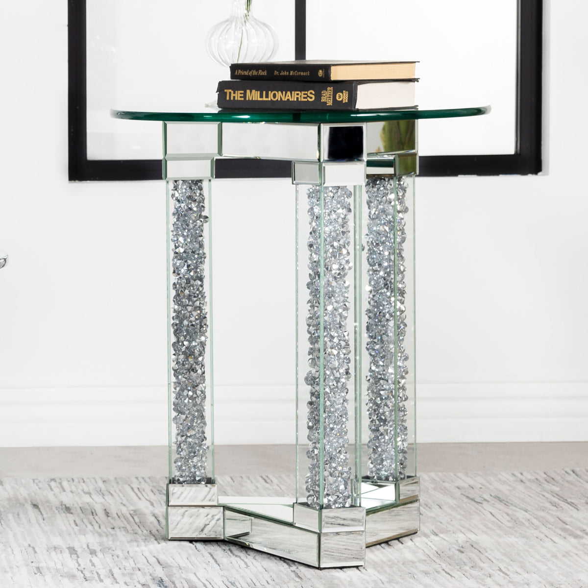 Octave Square Post Legs Round End Table Mirror  Las Vegas Furniture Stores