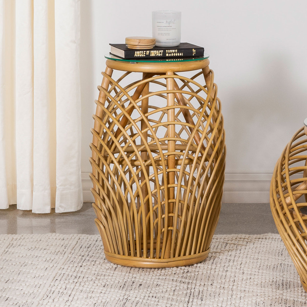 Dahlia Round Glass Top Woven Rattan End Table Natural Brown  Las Vegas Furniture Stores