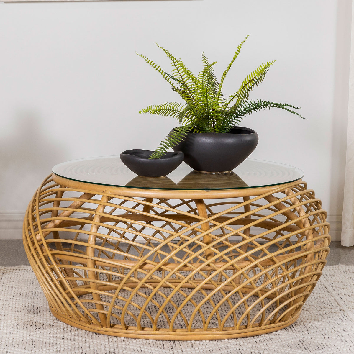 Dahlia Round Glass Top Woven Rattan Coffee Table Natural Brown  Las Vegas Furniture Stores