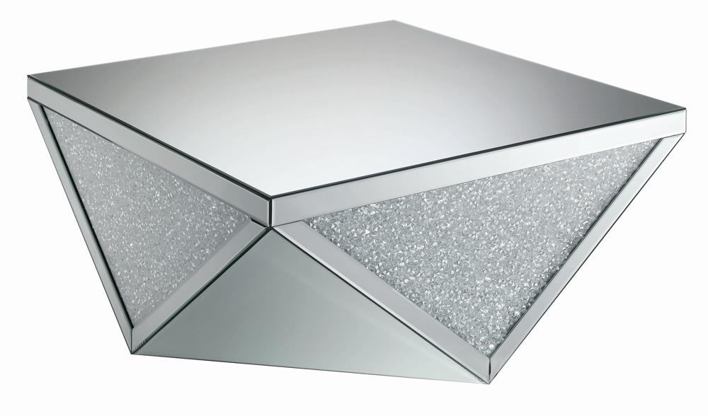 Amore Square Coffee Table with Triangle Detailing Silver and Clear Mirror Half Price Furniture