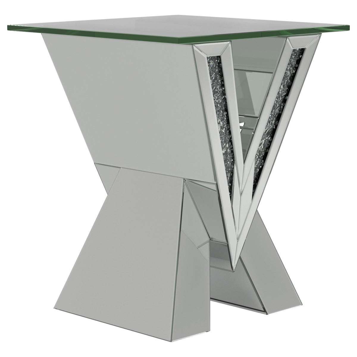 Taffeta V-shaped End Table with Glass Top Silver  Las Vegas Furniture Stores