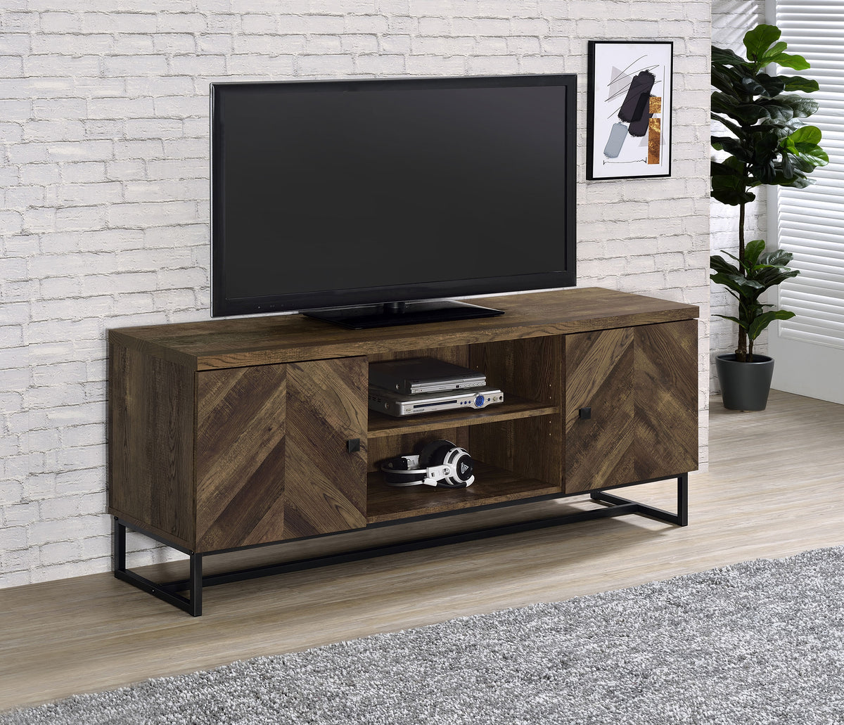 Myles 2-door TV Console with Adjustable Shelves Rustic Oak Herringbone  Las Vegas Furniture Stores