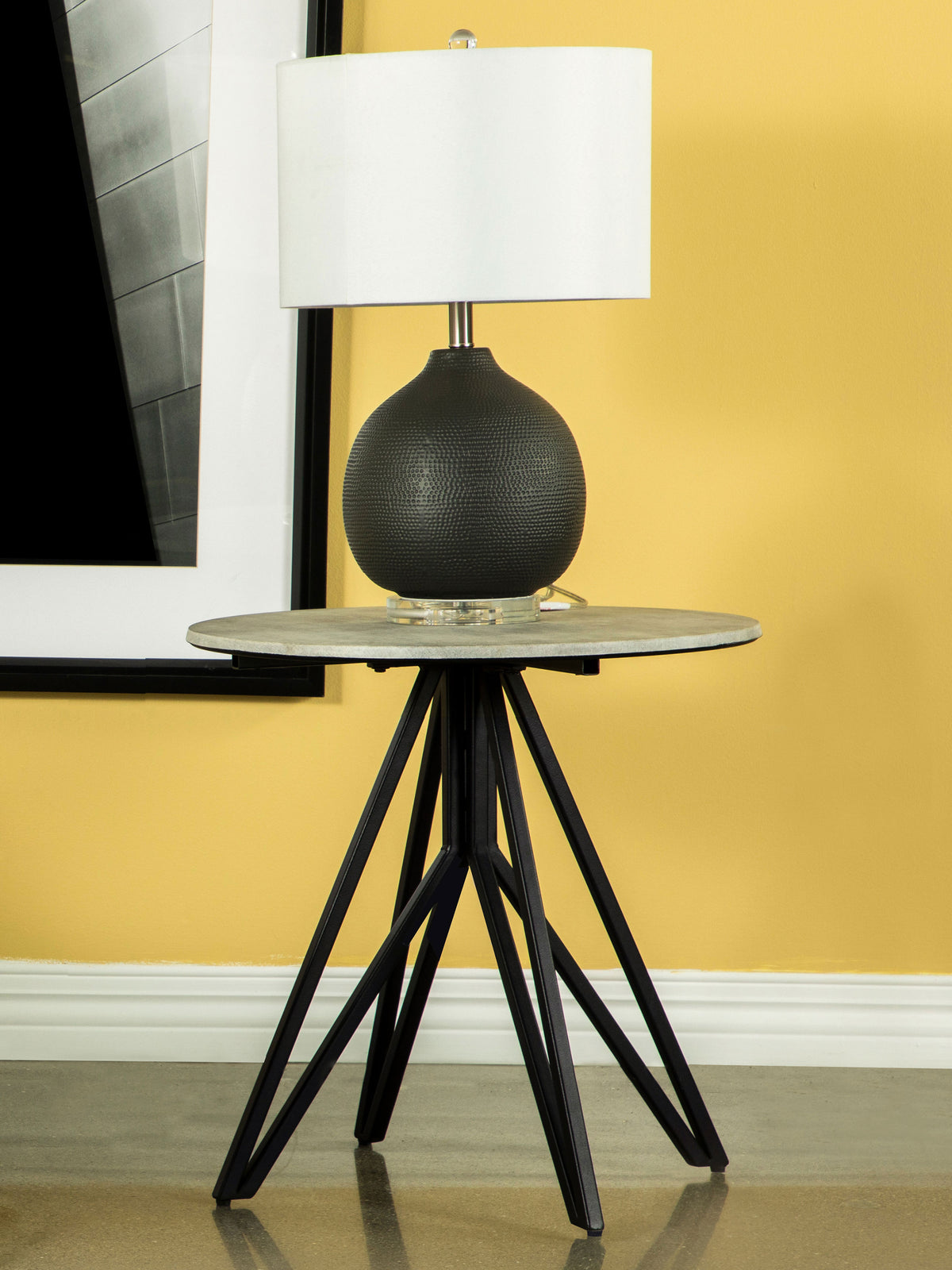 Hadi Round End Table with Hairpin Legs Cement and Gunmetal  Las Vegas Furniture Stores