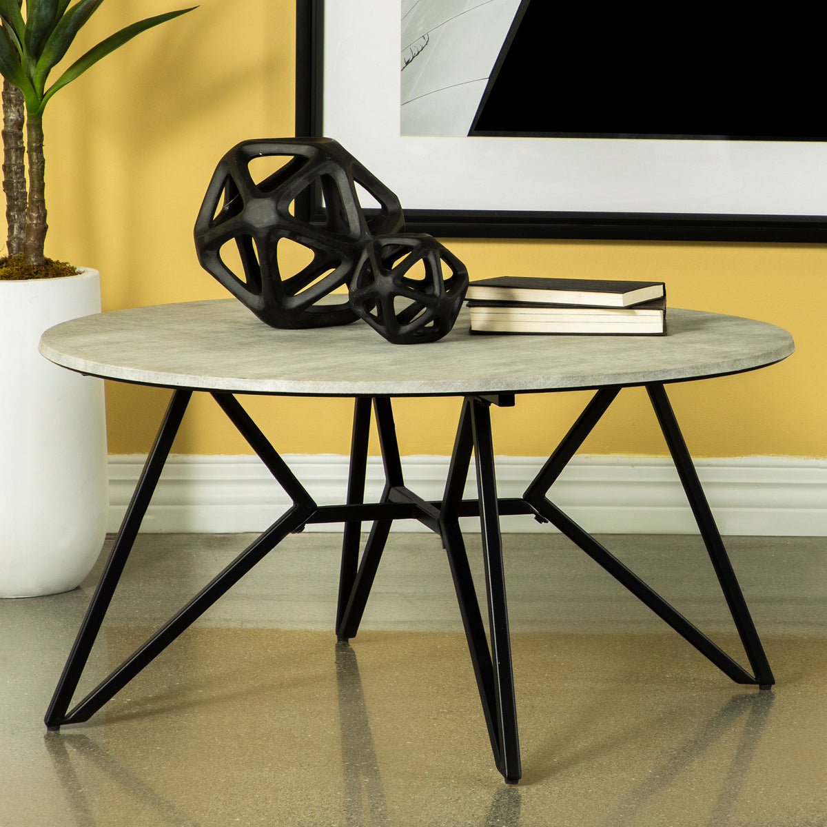 Hadi Round Coffee Table with Hairpin Legs Cement and Gunmetal  Las Vegas Furniture Stores