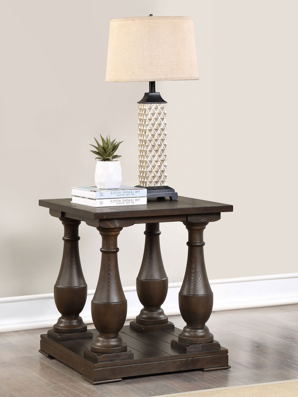 Walden Rectangular End Table with Turned Legs and Floor Shelf Coffee  Las Vegas Furniture Stores