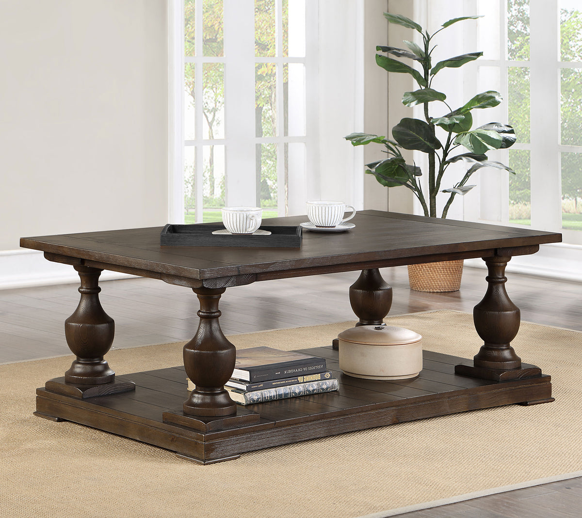 Walden Rectangular Coffee Table with Turned Legs and Floor Shelf Coffee  Las Vegas Furniture Stores