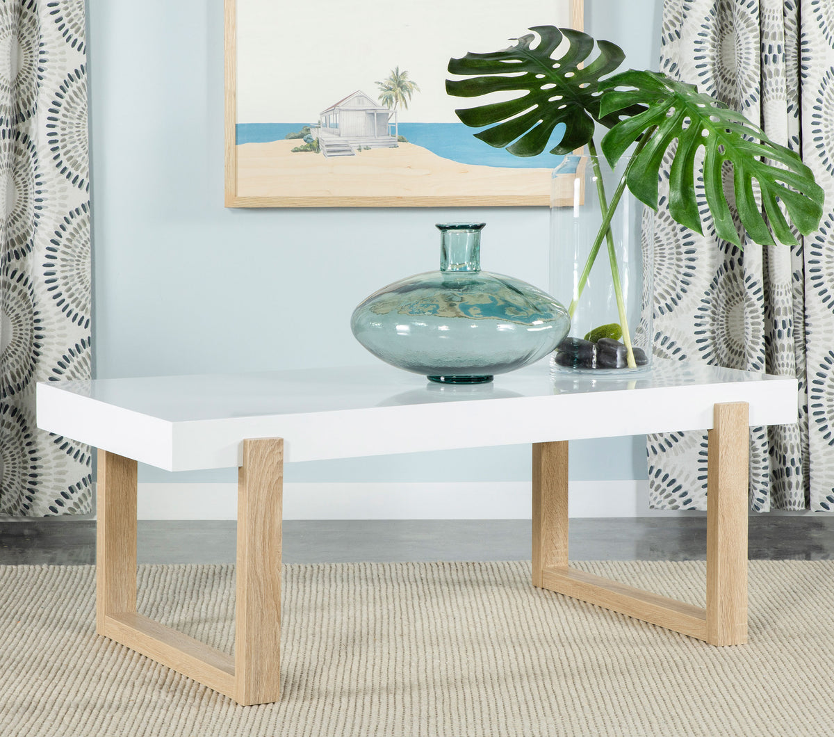 Pala Rectangular Coffee Table with Sled Base White High Gloss and Natural  Las Vegas Furniture Stores