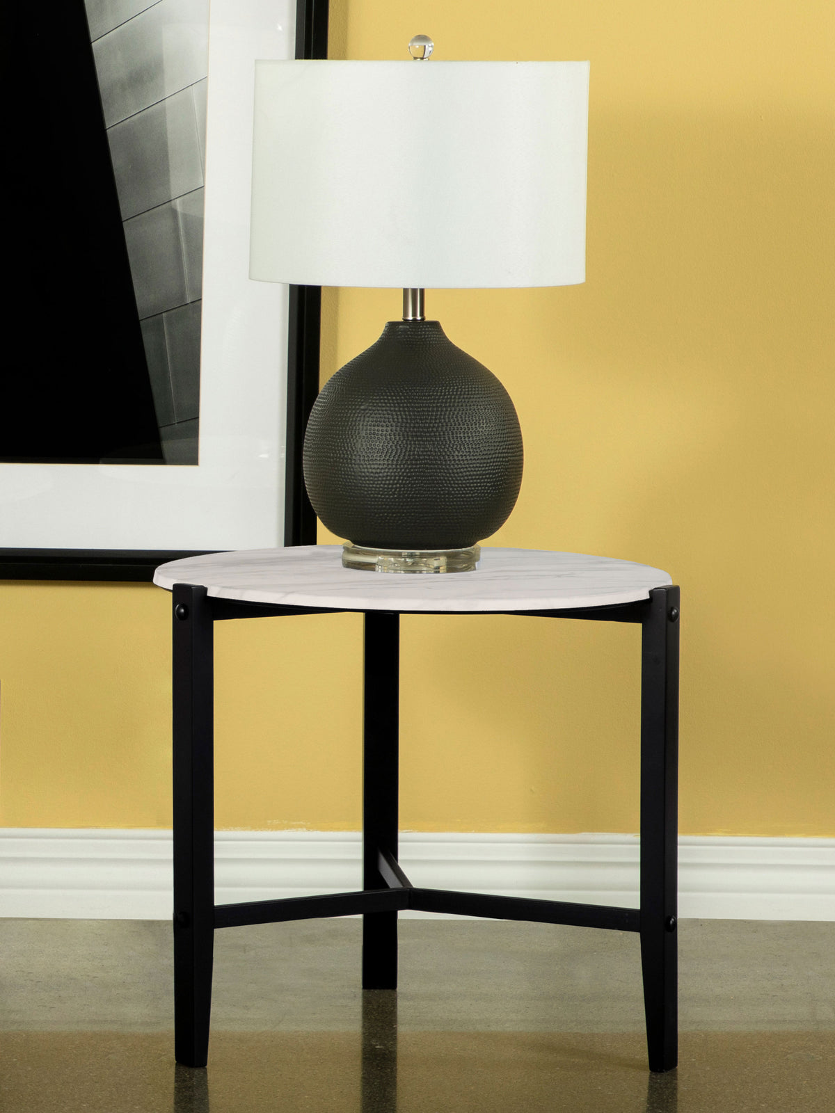 Tandi Round End Table Faux White Marble and Black  Las Vegas Furniture Stores