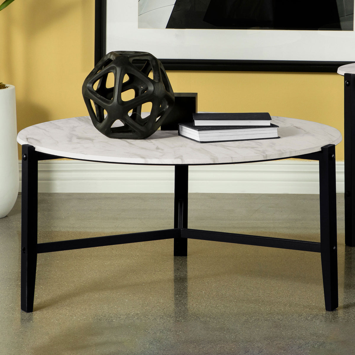 Tandi Round Coffee Table Faux White Marble and Black  Las Vegas Furniture Stores