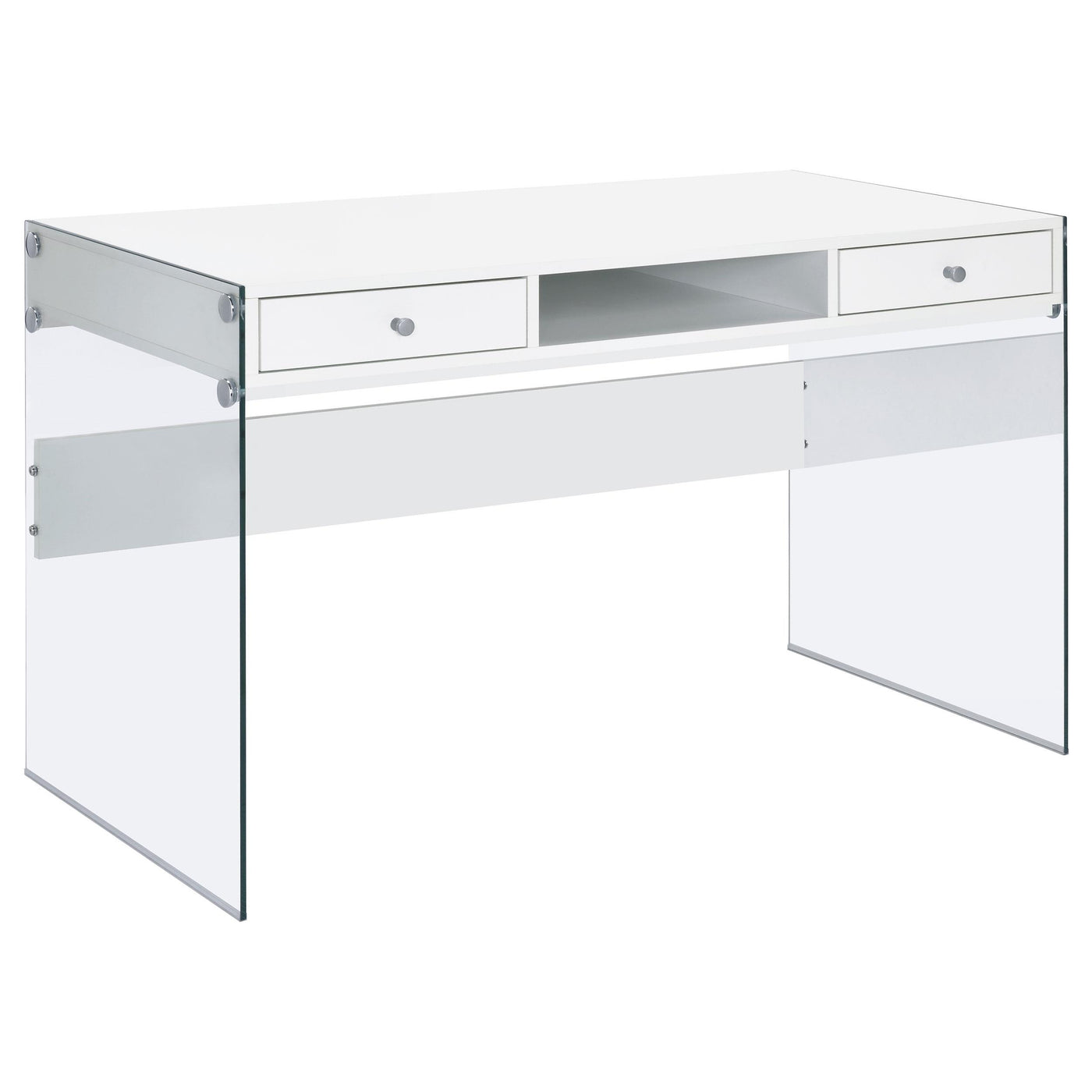 Dobrev 2-drawer Writing Desk Glossy White and Clear Half Price Furniture