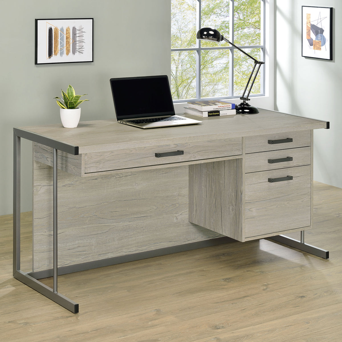 Loomis 4-drawer Rectangular Office Desk Whitewashed Grey and Gunmetal Loomis 4-drawer Rectangular Office Desk Whitewashed Grey and Gunmetal Half Price Furniture