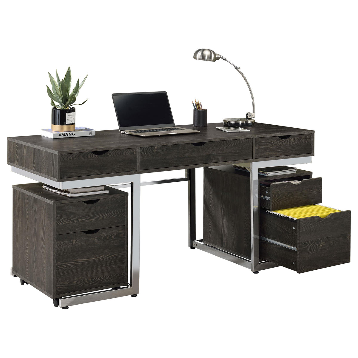 Noorvik 3-piece Writing Desk Set Dark Oak and Chrome  Las Vegas Furniture Stores