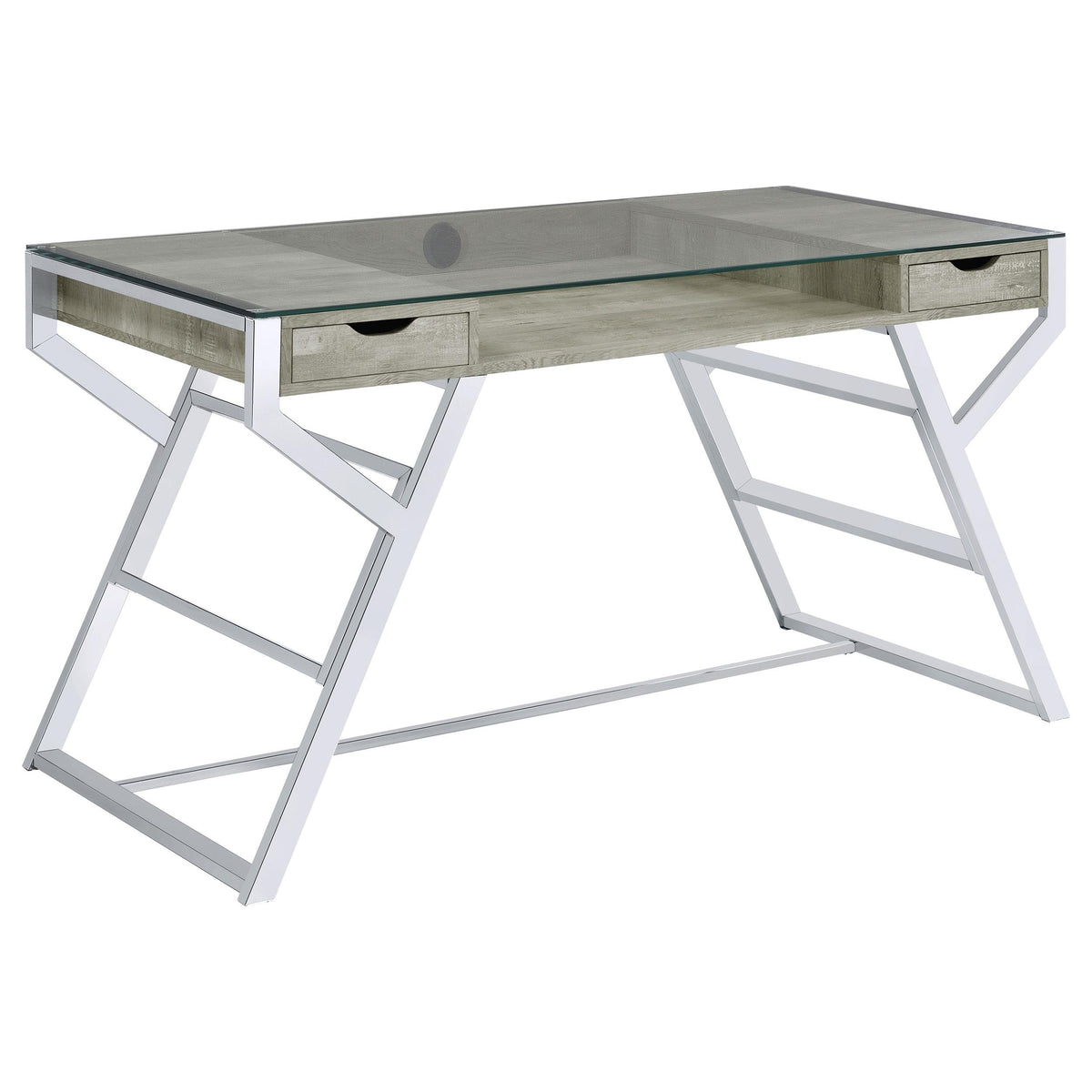 Emelle 2-drawer Glass Top Writing Desk Grey Driftwood and Chrome  Las Vegas Furniture Stores