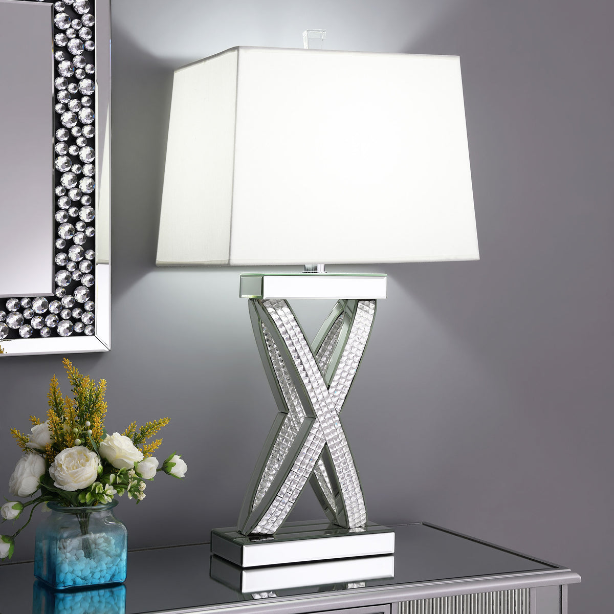 Dominick Table Lamp with Rectange Shade White and Mirror  Las Vegas Furniture Stores