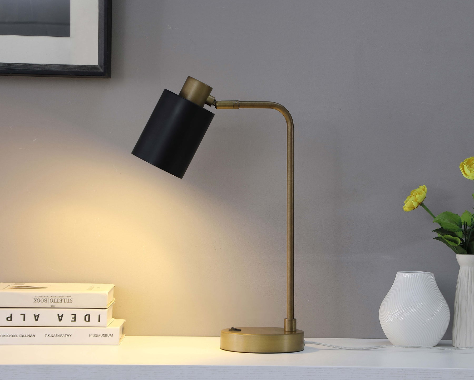Cherise Adjustable Shade Table Lamp Antique Brass and Matte Black Half Price Furniture