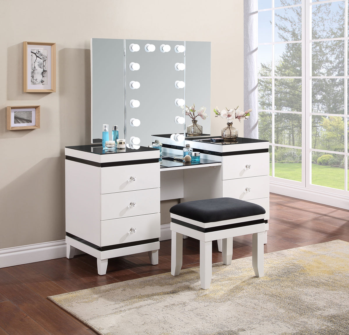 Talei 6-drawer Vanity Set with Hollywood Lighting Black and White Talei 6-drawer Vanity Set with Hollywood Lighting Black and White Half Price Furniture