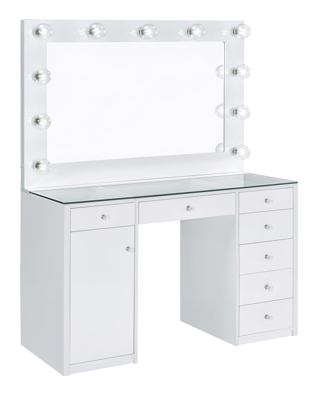 Percy 7-drawer Glass Top Vanity Desk with Lighting White  Las Vegas Furniture Stores