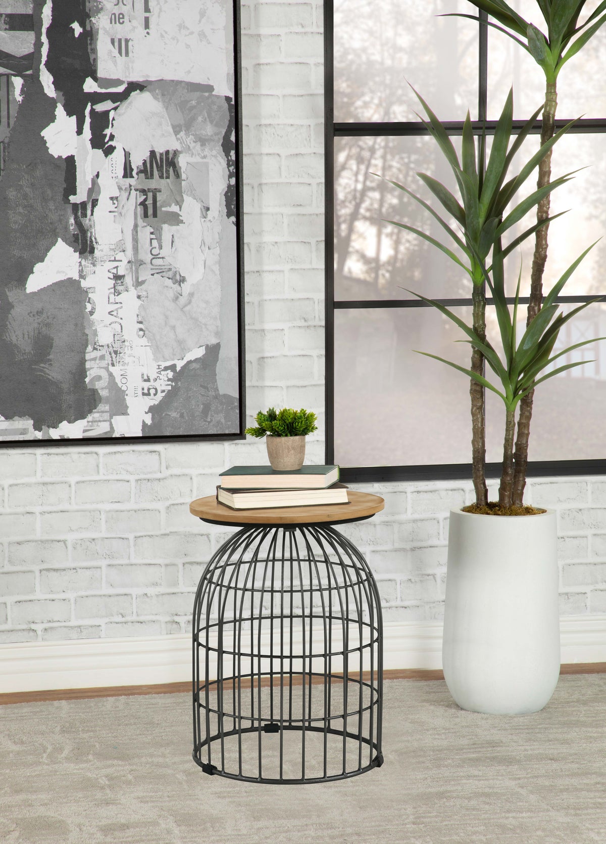 Bernardo Round Accent Table with Bird Cage Base Natural and Gunmetal  Las Vegas Furniture Stores