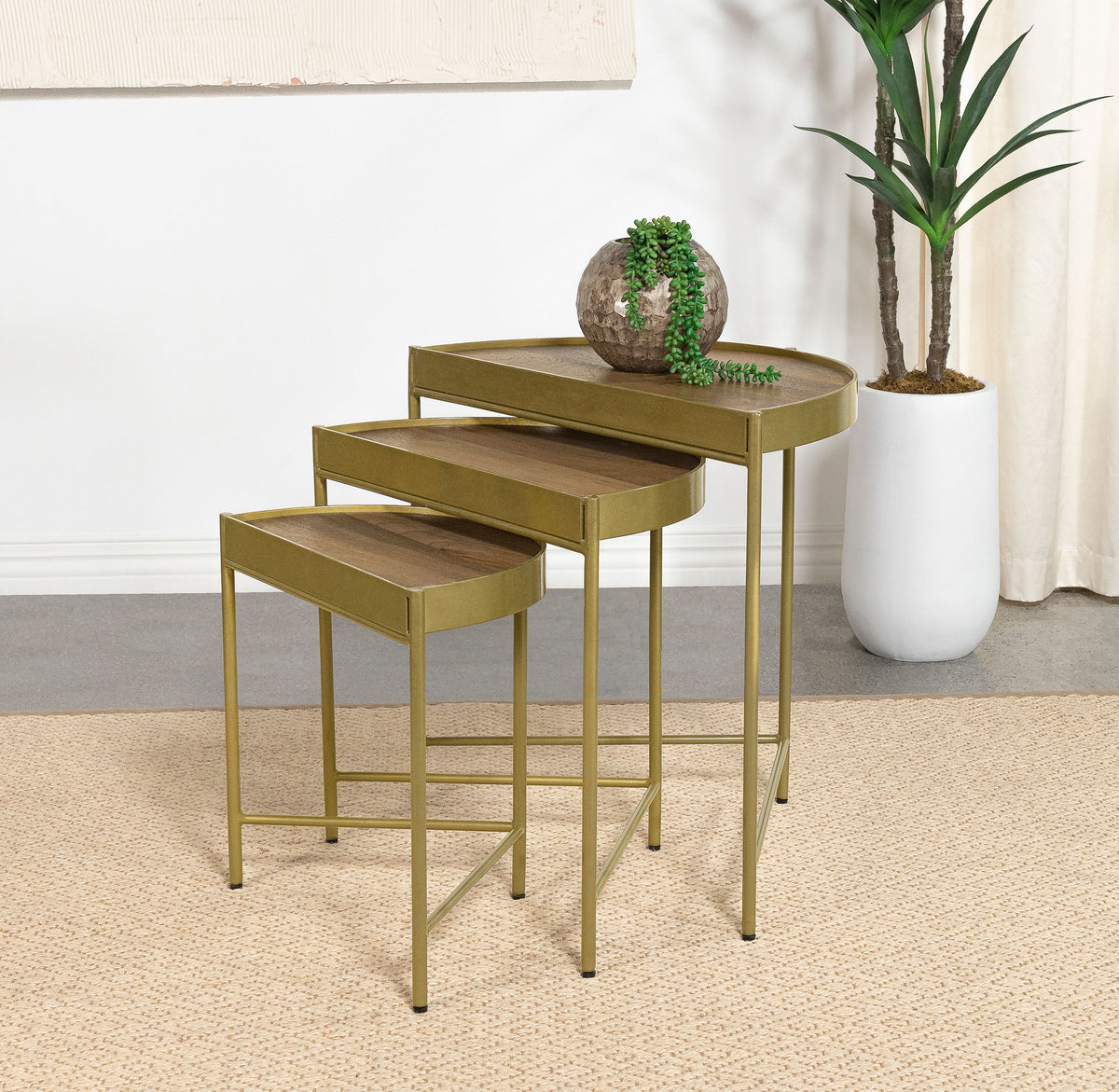 Tristen 3-Piece Demilune Nesting Table With Recessed Top Brown and Gold Tristen 3-Piece Demilune Nesting Table With Recessed Top Brown and Gold Half Price Furniture