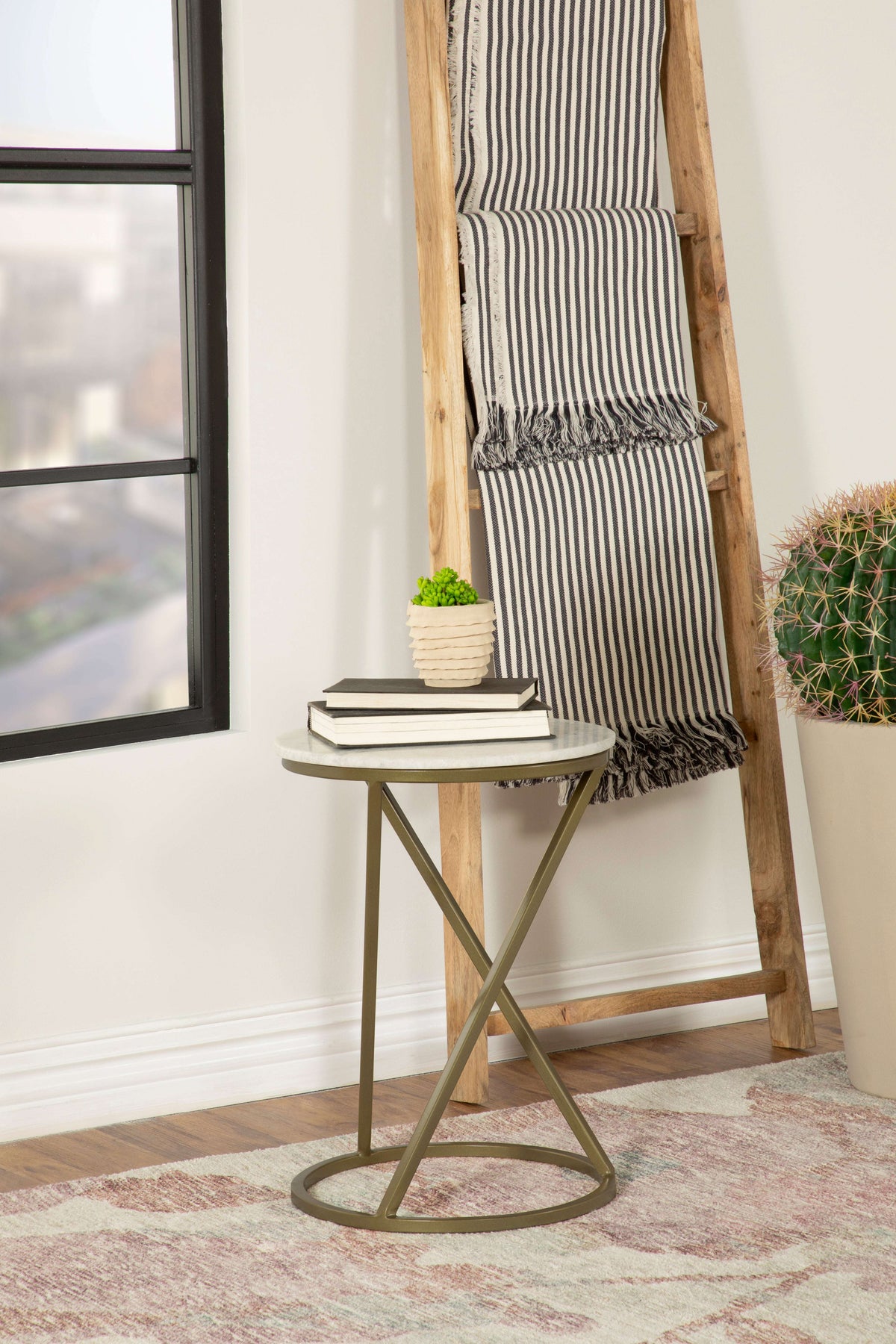 Malthe Round Accent Table with Marble Top White and Antique Gold - Half Price Furniture