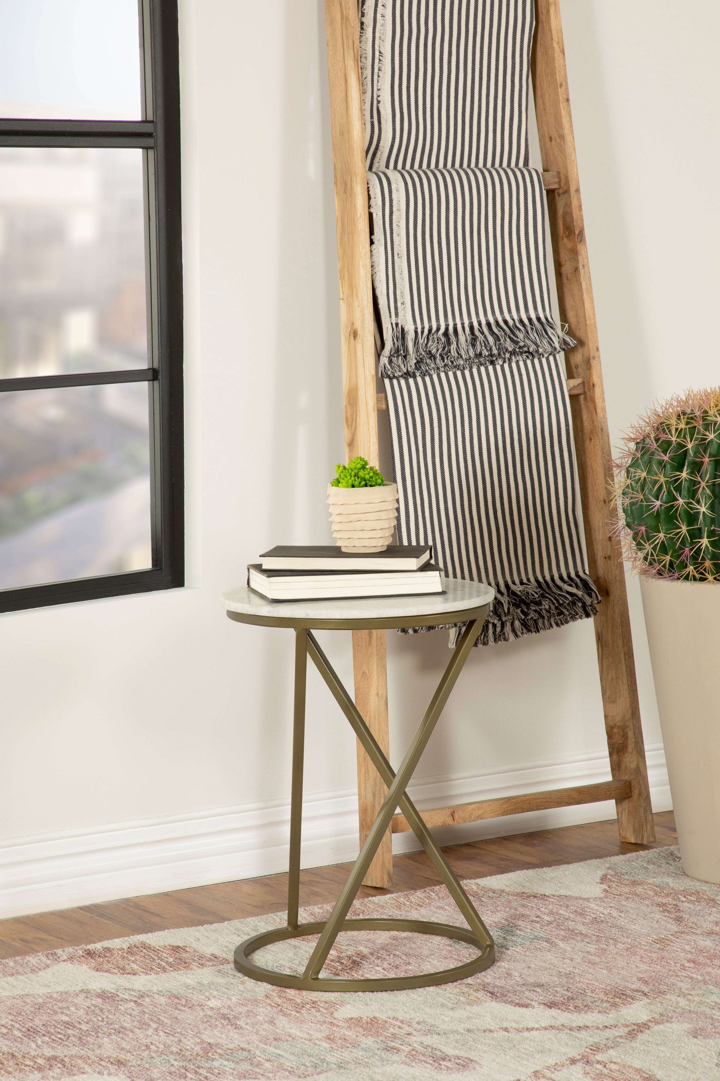 Malthe Round Accent Table with Marble Top White and Antique Gold - Half Price Furniture
