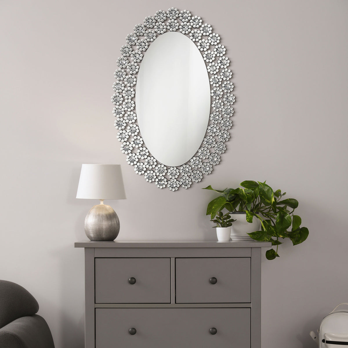Colleen Oval Wall Mirror with Faux Crystal Blossoms Colleen Oval Wall Mirror with Faux Crystal Blossoms Half Price Furniture