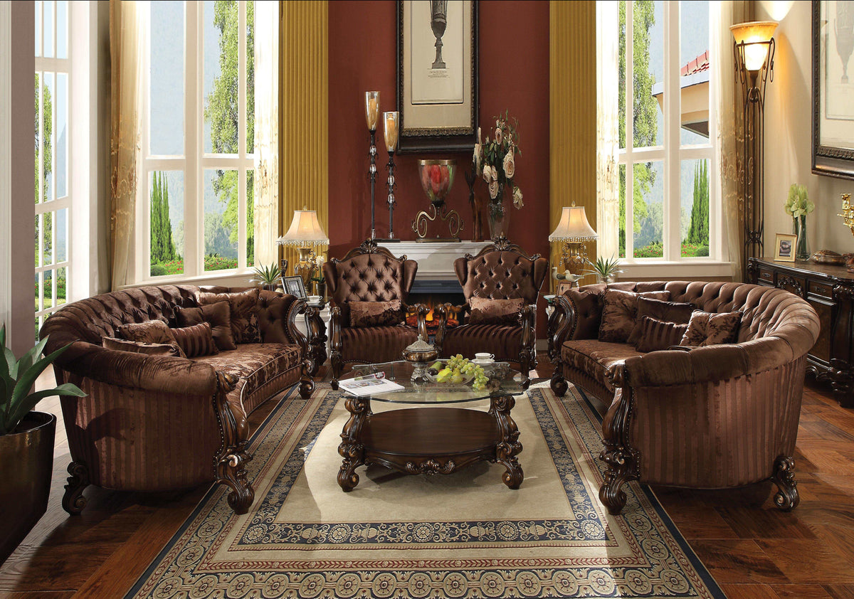 Versailles Brown Velvet & Cherry Oak Sofa w/5 Pillows - Half Price Furniture