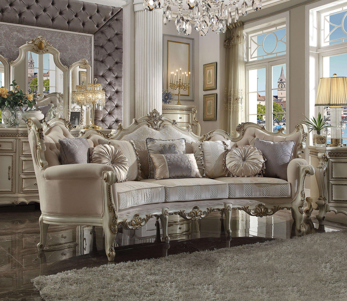 Picardy Fabric & Antique Pearl Sofa w/8 Pillows Half Price Furniture