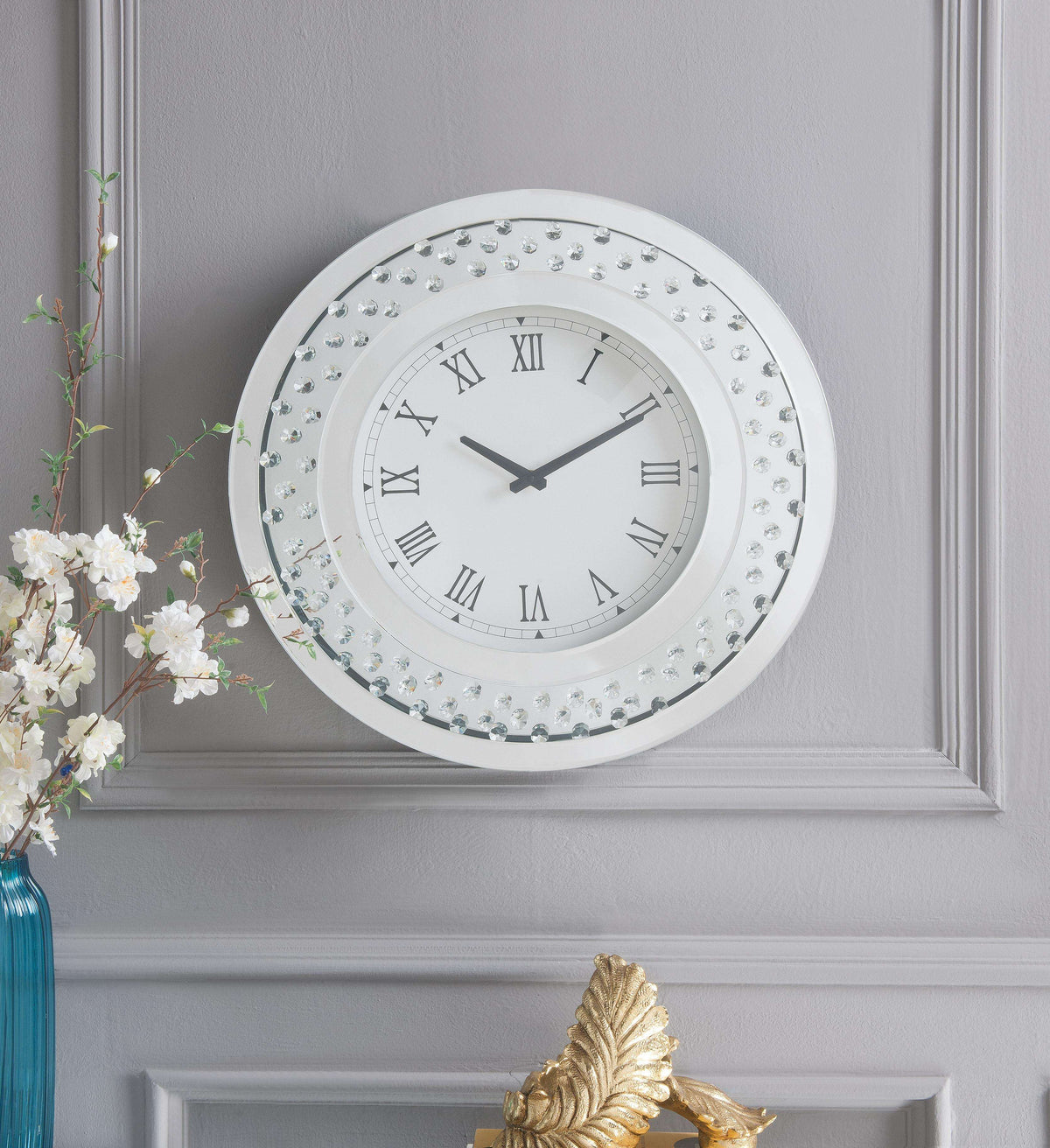 Nysa Mirrored & Faux Crystals Wall Clock - Half Price Furniture