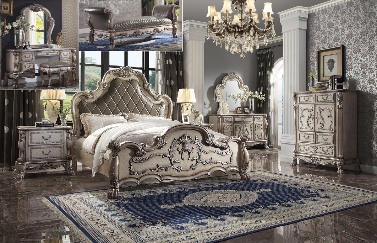 Dresden Vintage Bone White & PU Queen Bed Half Price Furniture