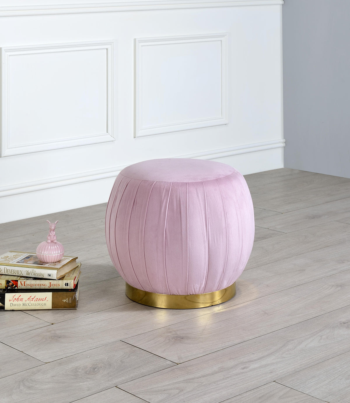 Zinnia Pink Carnation Velvet & Gold Ottoman Half Price Furniture