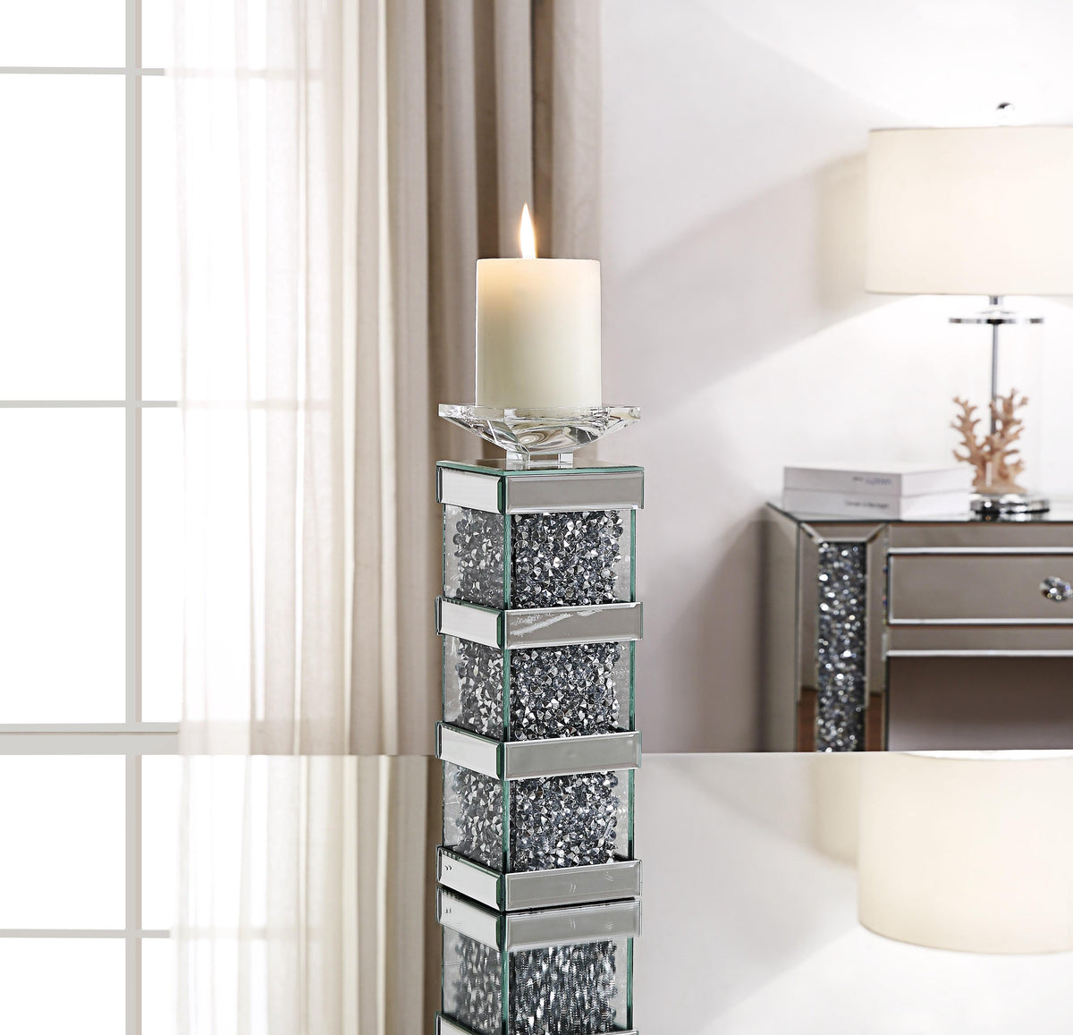 Noralie Mirrored & Faux Diamonds Accent Candleholder Half Price Furniture