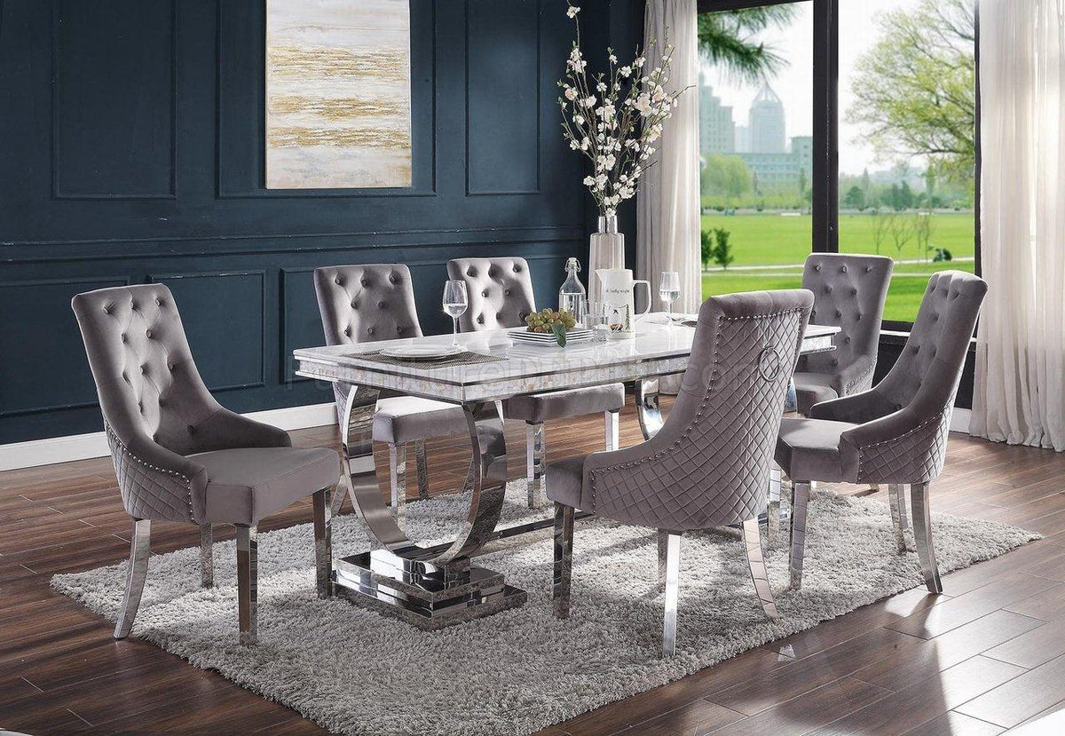 Zander White Printed Faux Marble & Mirrored Silver Finish Dining Room Set Half Price Furniture