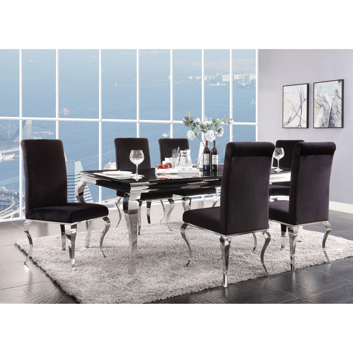 Fabiola Stainless Steel & Black Glass Dining Room Set Half Price Furniture