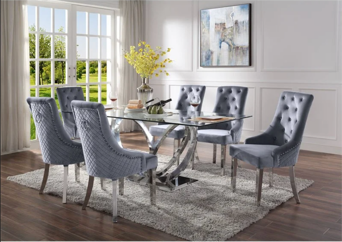 Finley Clear Glass & Mirrored Silver Finish Dining Room Set Half Price Furniture