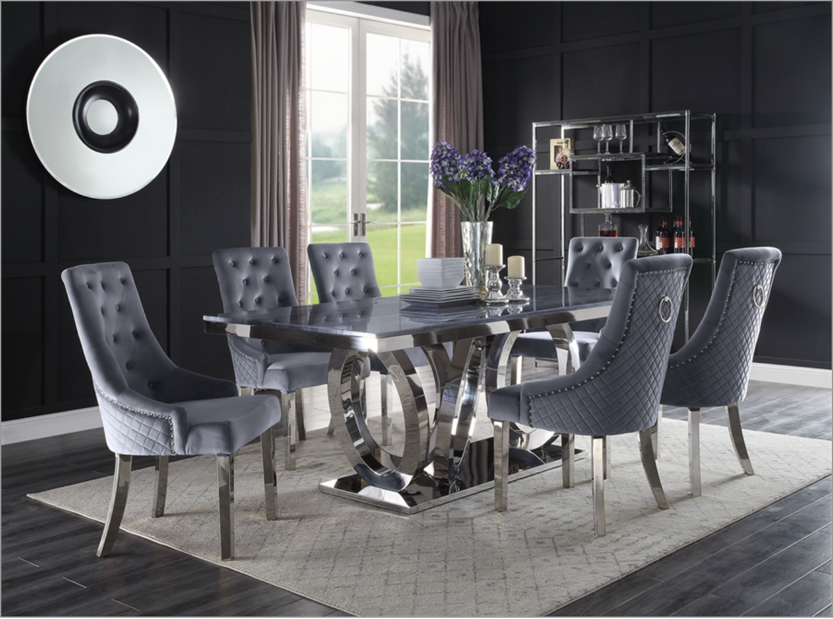 Nasir Gray Printed Faux Marble & Mirrored Silver Finish Dining Room Set Half Price Furniture