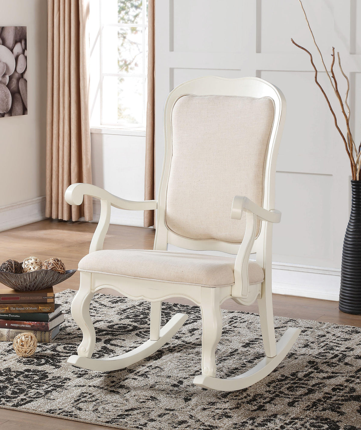 Sharan Fabric & Antique White Rocking Chair  Las Vegas Furniture Stores