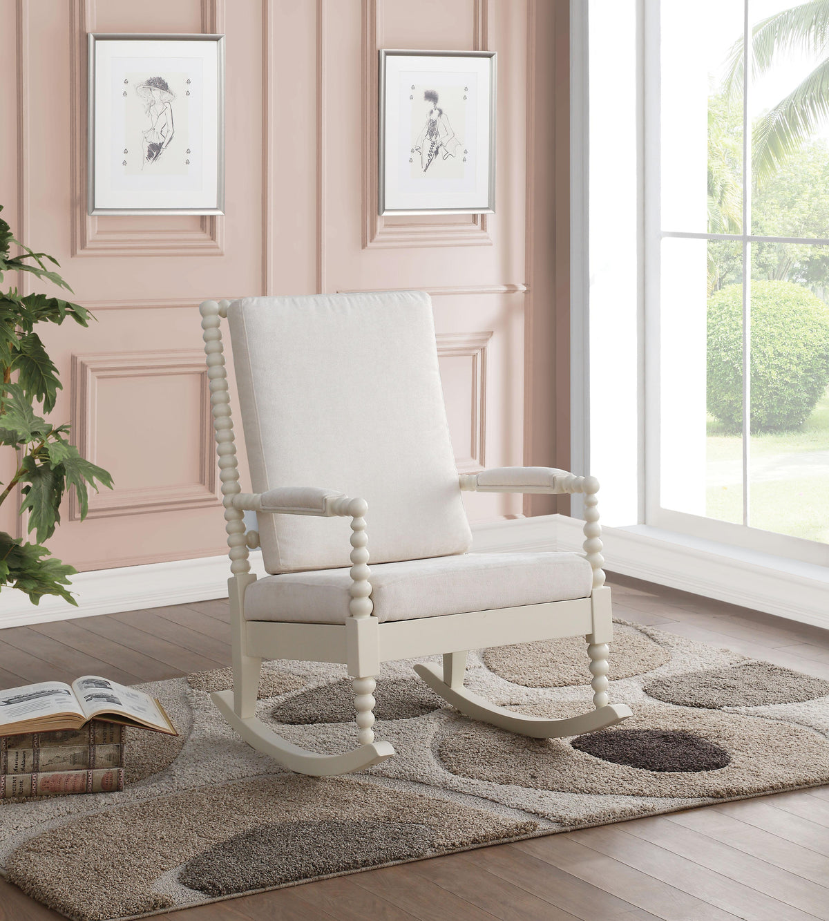 Tristin Cream Fabric & White Rocking Chair  Las Vegas Furniture Stores
