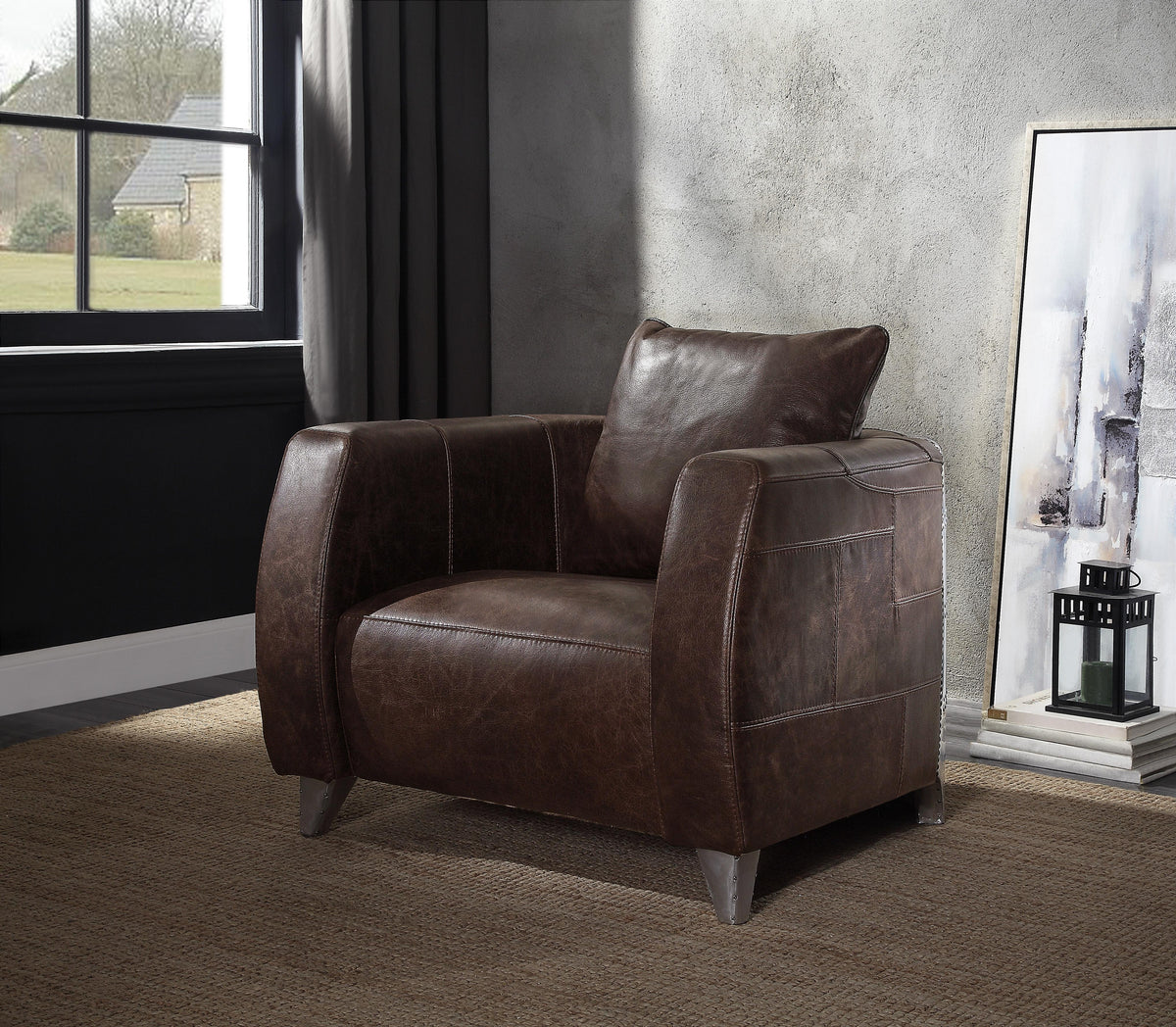 Kalona Distress Chocolate Top Grain Leather & Aluminum Accent Chair  Las Vegas Furniture Stores