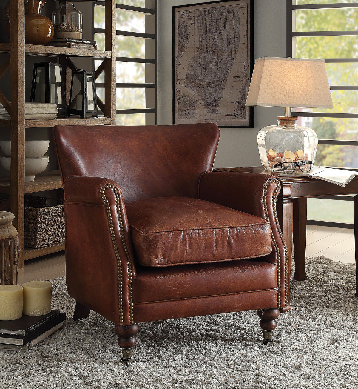 Leeds Vintage Dark Brown Top Grain Leather Accent Chair  Las Vegas Furniture Stores