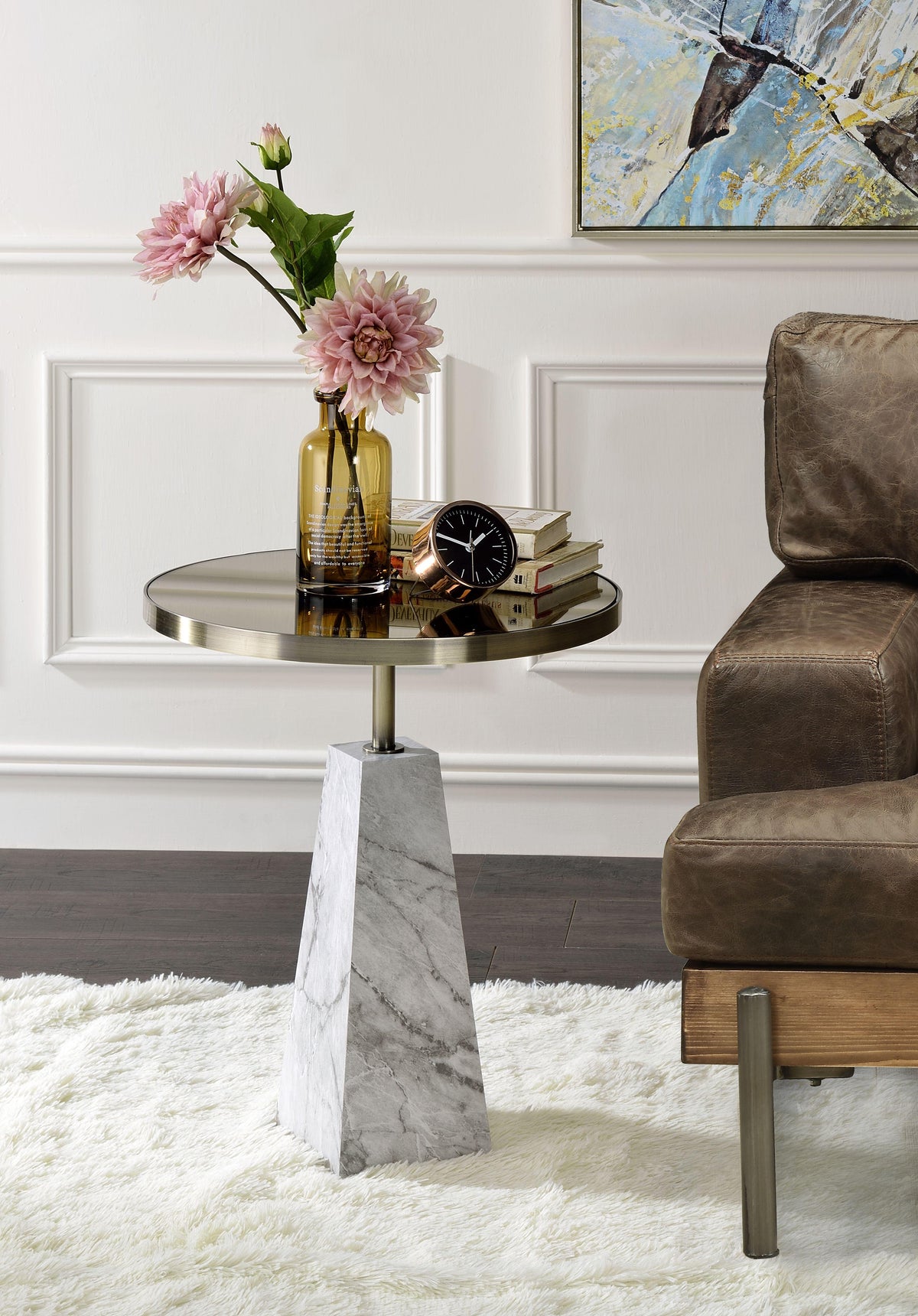 Galilahi Mirrored, Faux Marble & Antique Gold Side Table  Las Vegas Furniture Stores
