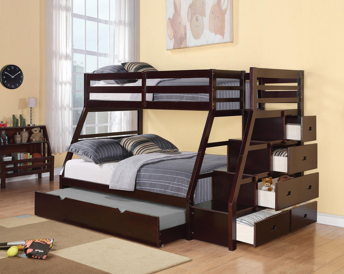 Acme Jason Twin over Full Bunk Bed with Storage Ladder and Trundle in Espresso 37015  Las Vegas Furniture Stores