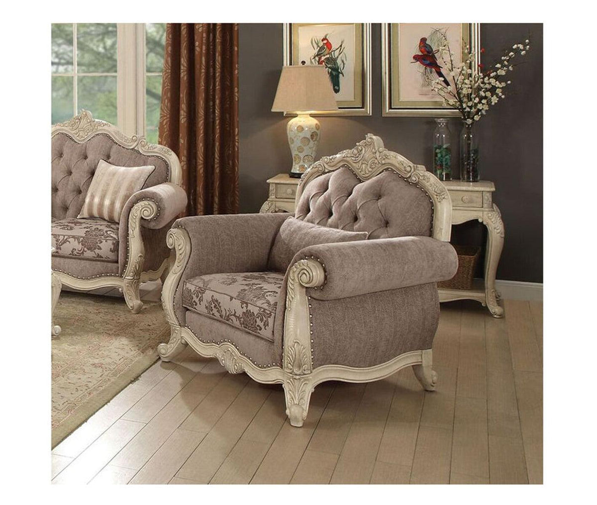 Acme Ragenardus Chair with 1 Pillow in Gray Fabric & Antique White 56022  Las Vegas Furniture Stores