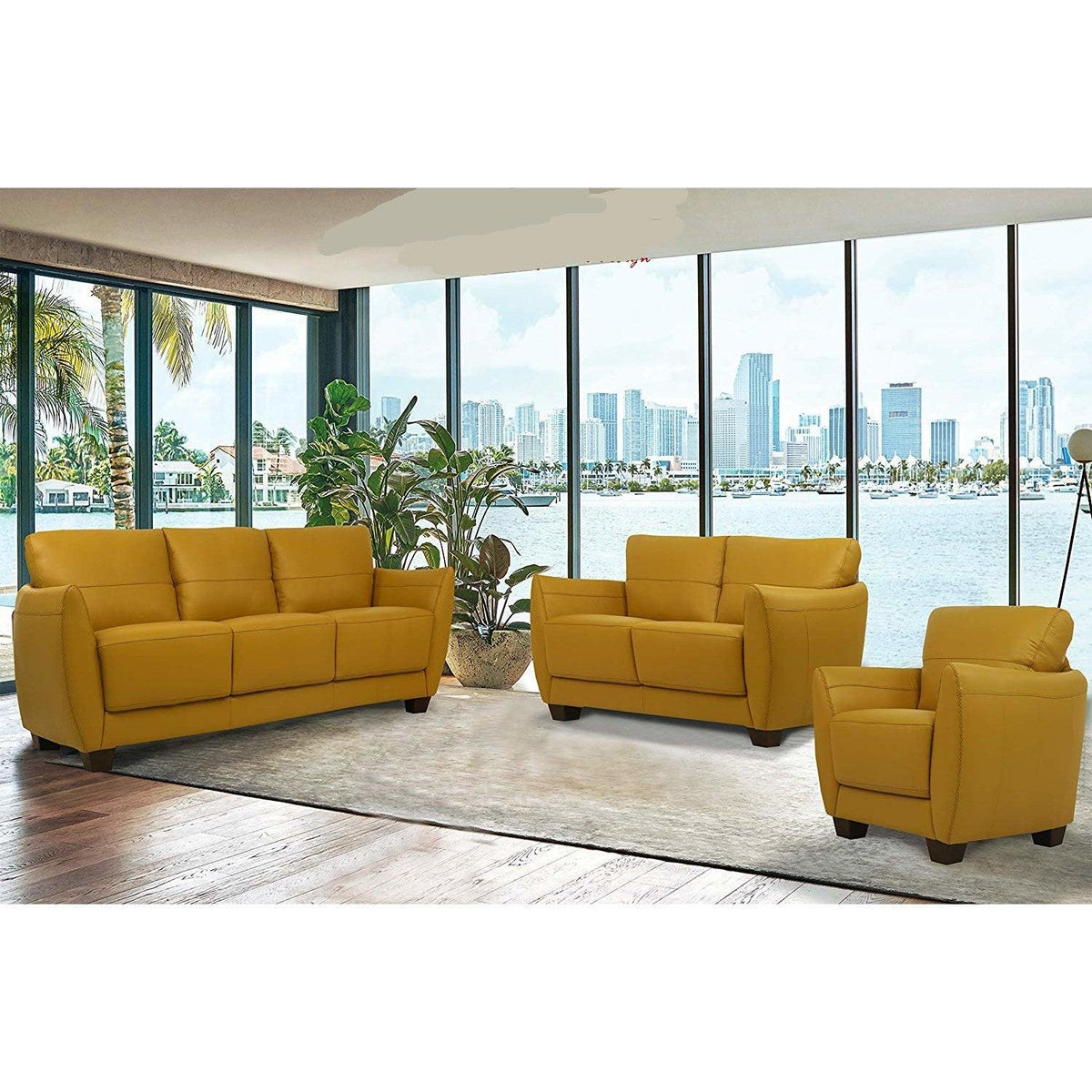 Valeria Mustard Leather 3-Piece Living Room Set  Las Vegas Furniture Stores