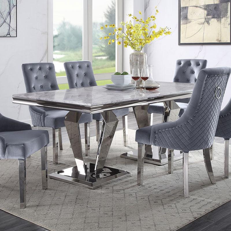 Satinka Light Gray Printed Faux Marble & Mirrored Silver Finish Dining Room Set  Las Vegas Furniture Stores