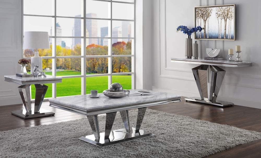 Satinka Light Gray Printed Faux Marble & Mirrored Silver Finish Table Set  Las Vegas Furniture Stores